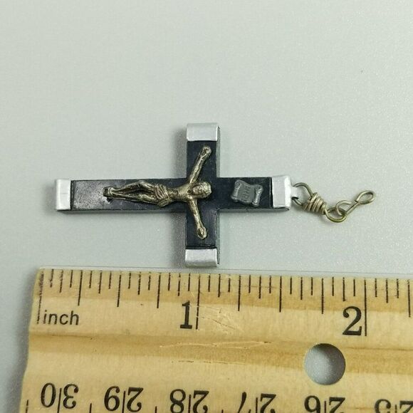 Vintage Black and Silver Tone Crucifix Cross Pendant, INRI, 1 1/2 Inch Long - Picture 7 of 9